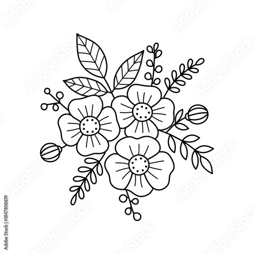 Simple Outline Black and White Flower Bouquet Floral Arrangement Design