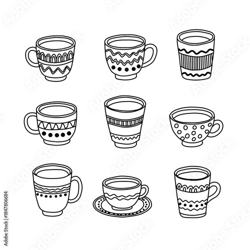 Outline Decorative Coffee Cup and Mug Collection Kitchenware Drink ware Icon