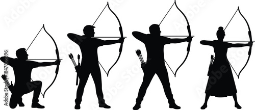 Archery silhouette vector set, bow and arrow, standing and kneeling pose, black icons, flat illustration, sport, target, quiver, aim