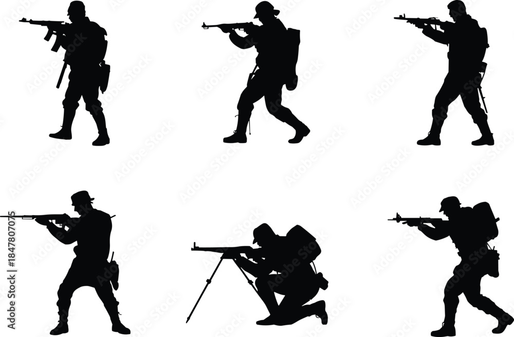 Obraz premium Armed soldier silhouettes in tactical combat poses, rifle ready, military action stances, battlefield readiness, cad drawing flat vector illustration