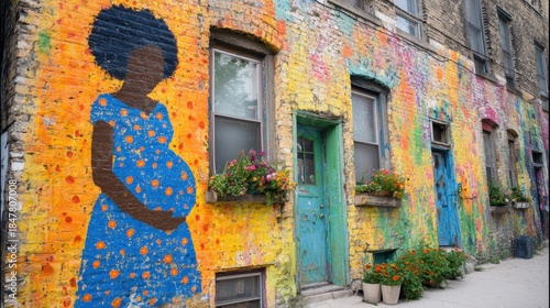Colorful mural on street wall showing pregnant figure in urban setting