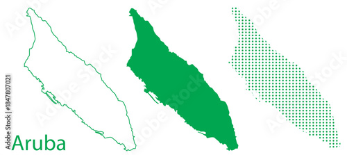 Aruba Map Vector Set, Caribbean Outline Silhouette Dotted Green Shapes, Aruba Island Infographic Template, Editable EPS Aruba Geography