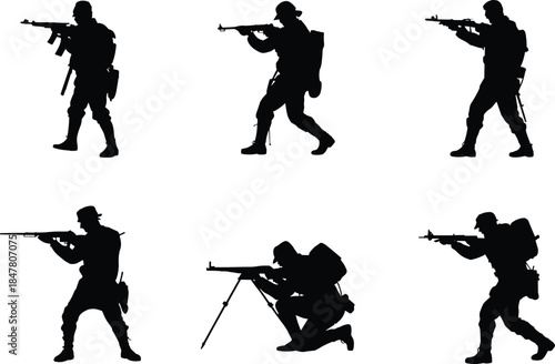 Armed soldier silhouettes in tactical combat poses, rifle ready, military action stances, battlefield readiness, cad drawing flat vector illustration
