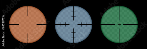 Set of three circular gun night sight, crosshair sniper scopes in red, blue, and green
