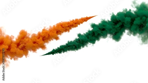 Creative interpretation of the Indian tricolor using flowing saffron and green smoke trails on white background, expressing motion, freedom, and modern patriotic spirit.