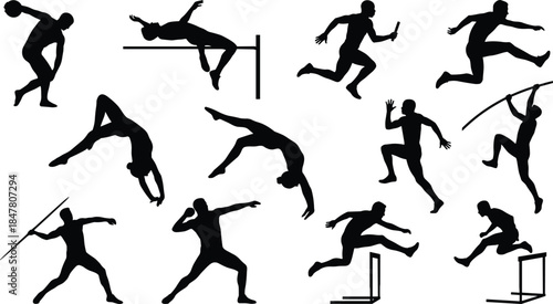 Athletics sport silhouette icon set showing running, jumping and throwing athletes in dynamic action poses, black vector illustrations isolated