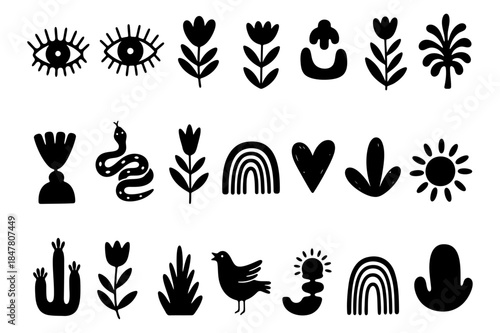 Set of black silhouette abstract folk art icons with eyes, flowers, snake, rainbows, heart, sun, bird, cactus and botanical shapes