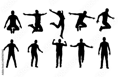 Set of male silhouettes in various jumping, standing, walking and flexing action poses