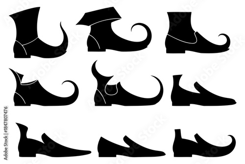 Set of black silhouette medieval shoes, boots, and loafers with long pointed and curled toes