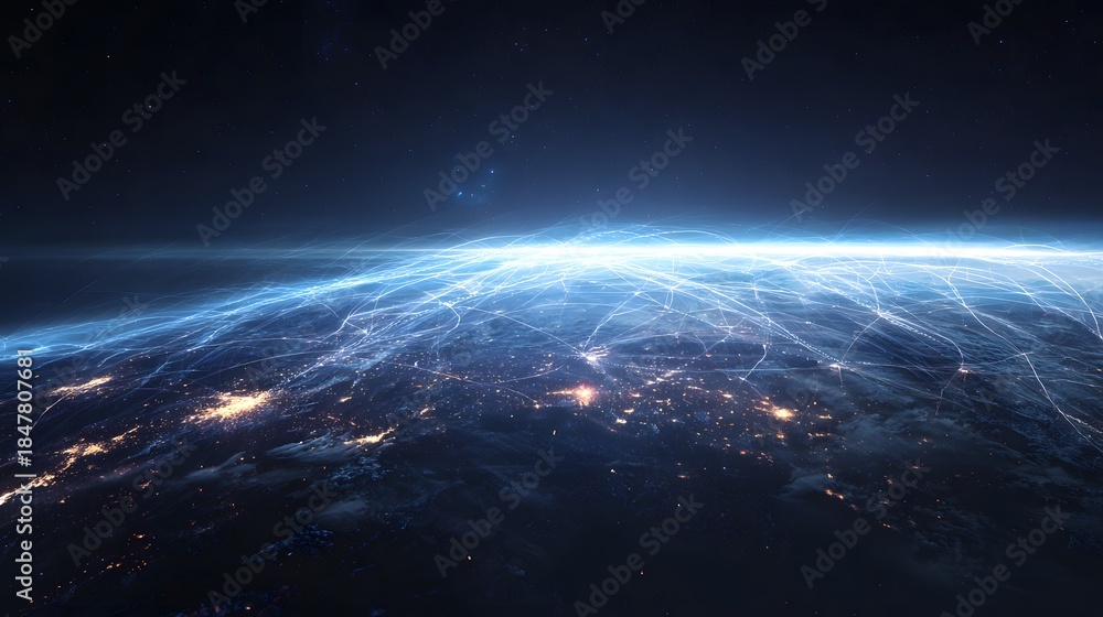 Obraz premium Global Network of Light and Energy Connecting Earth from Space.