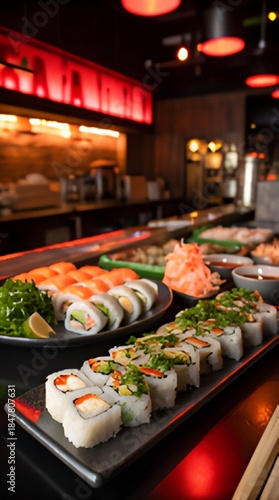 Artistic composition of delectable sushi rolls in a cozy restaurant setting