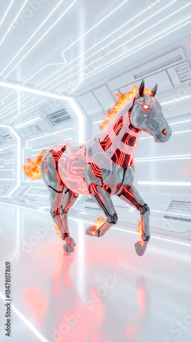 generated art. fiery electric cyber horse	
