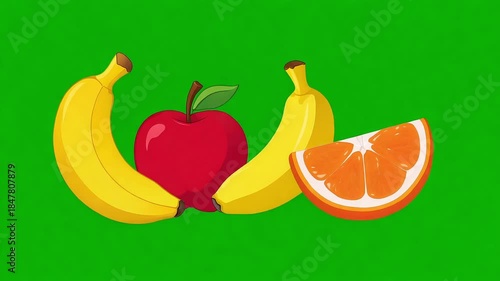Mixed Fruit Collection Illustration Animation on Green Screen Background