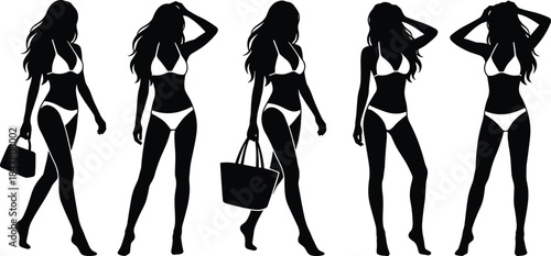 Bikini woman silhouettes, summer beach fashion, stylish poses with handbags, flat vector illustration, cad drawing, stock asset, swimwear design theme