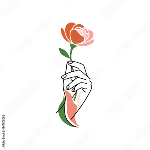 Hand Holding Rose Minimalist Line Art With Vibrant Coral Pink Flower on Green Stem.jpg