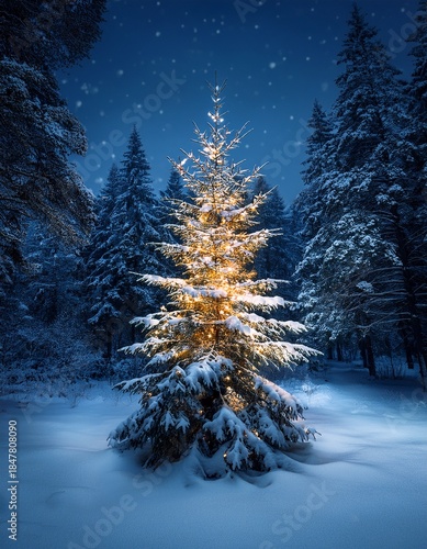  Christmas tree in a snowy forest on night