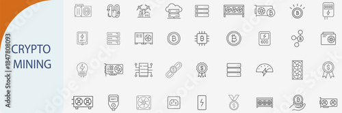 crypto mining icon set, blockchain technology flat line art design