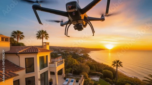 Drone Flying Over Luxury Home Near Ocean at Sunset