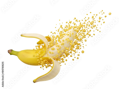 Peeled Banana Bursting into Yellow Particles on White Background on white background