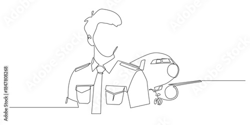 Continuous line drawing of a pilot standing beside an airplane symbolizing aviation professionalism and travel. Single line illustration suitable for flight industry and transportation themes.