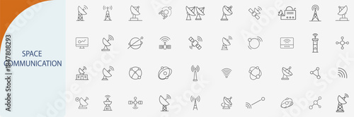 space communication icon set, satellite and radio antenna technology vector