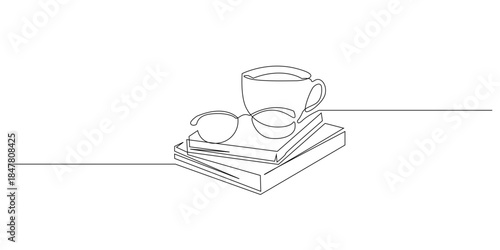 continuous line drawing of glasses, a book, and coffee. It symbolizes focus on studying, relaxation, and daily reading routines.single line illustration for a lifestyle theme.