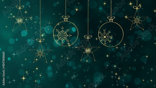 Holidays Golden Ornaments. Green Christmas card with gold ornaments and sparkles.
