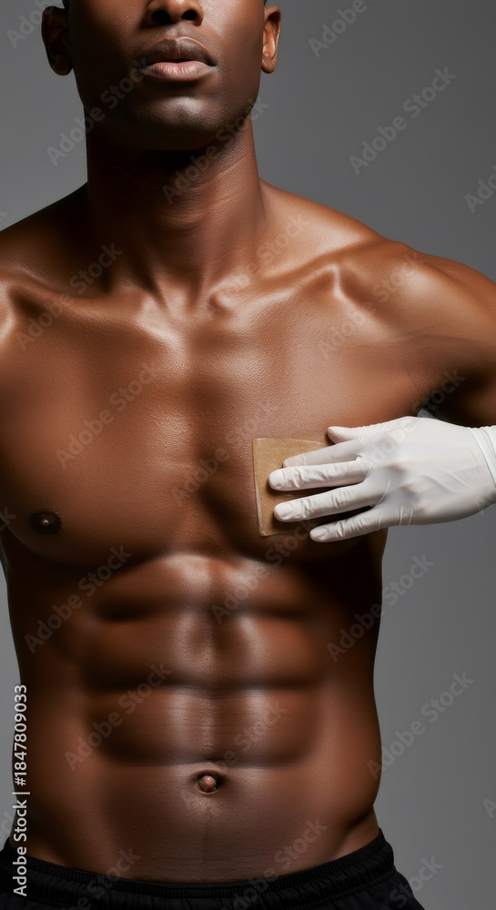 Fototapeta premium Man undergoing hair removal with waxing strip on chest. Body grooming and depilation. Skincare and beauty treatment concept.