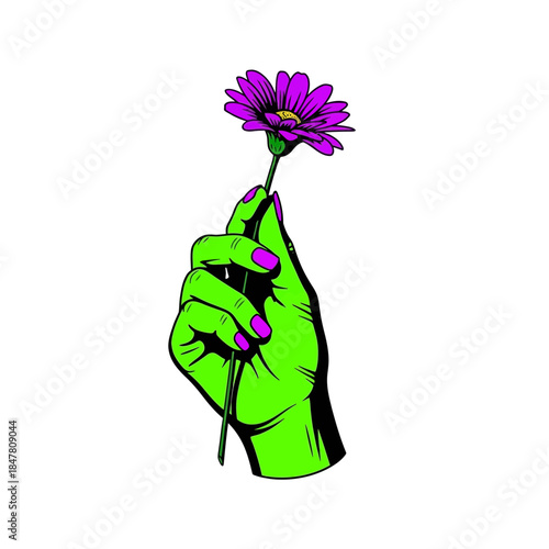 Neon Green Hand Holding Purple Daisy Flower Illustration Vector Art Green Stem.jpg