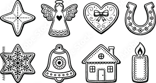 Christmas gingerbread icon set featuring festive cookies, angel, star, heart and holiday decorations in hand drawn black outline style