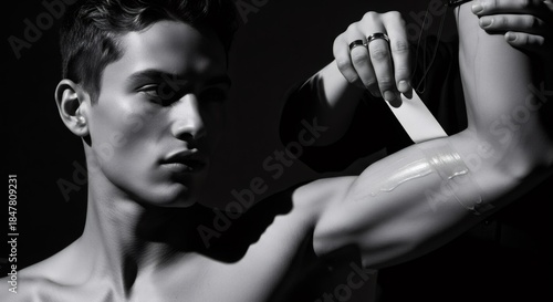 Man getting arm hair removed with waxing strip. Body care and male beauty treatment. Hair removal procedure for smooth skin.