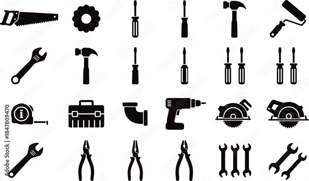 Obraz premium Construction tool silhouette vector set, workshop equipment icons, repair gear graphics, flat cad drawing, editable outline, isolated illustration