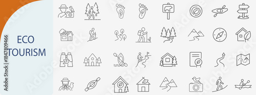 “eco tourism icon set, minimal vector design for sustainable travel and nature adventure activities”