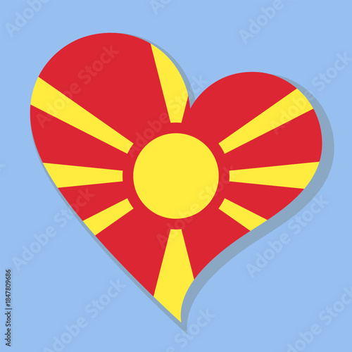 Isolated national flag of The Republic of North Macedonia. Love flag of North Macedonia. North Macedonia heart-shaped flag vector illustration color background.