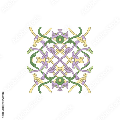 Symmetrical Abstract Geometric Pattern With Interwoven Purple Green Yellow Vines Art Design.jpg