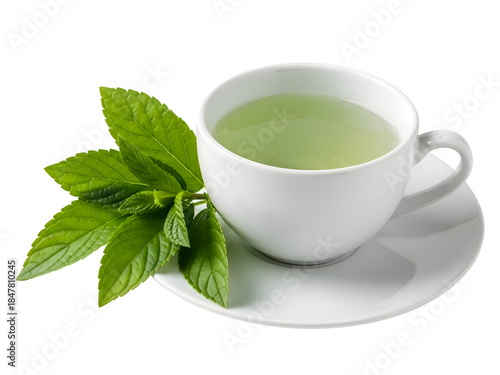 Fresh Mint Tea: Aromatic Herbal Beverage in White Ceramic Cup on white background