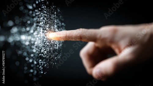 Fototapeta Naklejka Na Ścianę i Meble -  Hand reaching towards digital particles with glowing effect on dark background illustrating technology and innovation concepts in a modern world