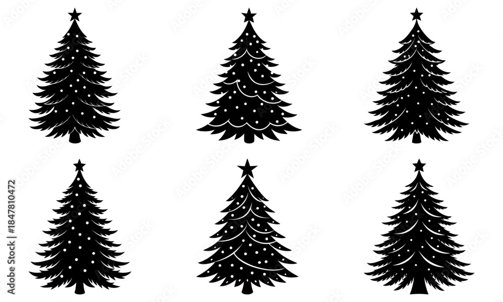 Fototapeta premium Six Christmas Trees with Stars and Dots on White Background silhouette black