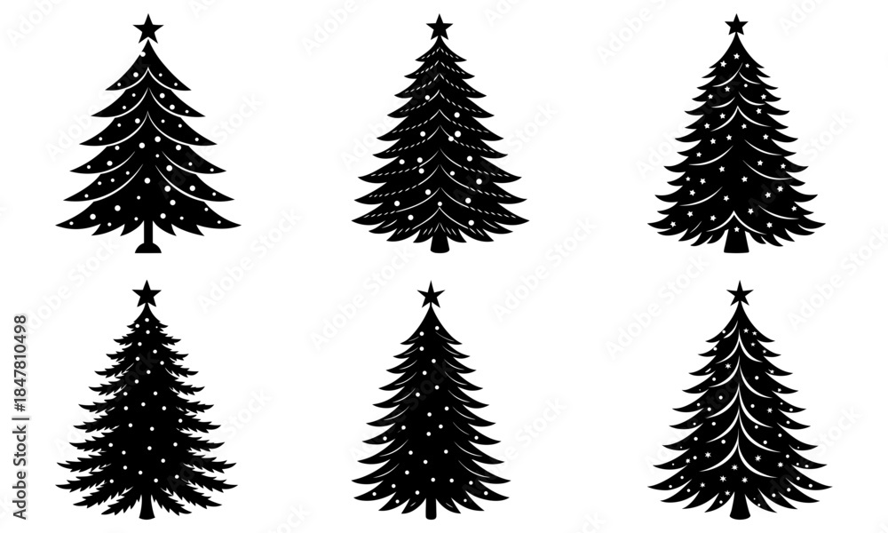 Obraz premium Six Black Christmas Trees with Stars and Dots on White Background silhouette 4