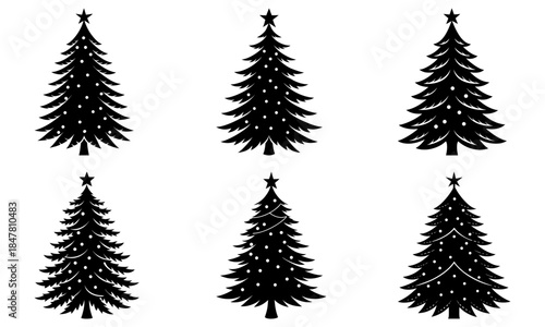 Six Black Christmas Trees with Stars and Dots on White Background silhouette 3