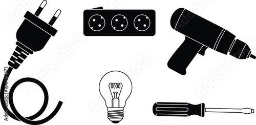 Electrical and hand tool silhouette vector set, workshop icons, household equipment, flat cad drawing, editable outline, isolated graphic