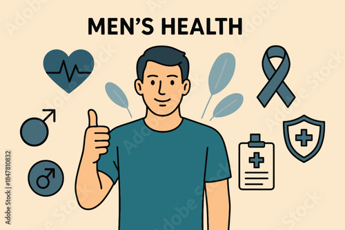 Man Gives Thumbs Up for Men's Health Awareness with Medical Icons