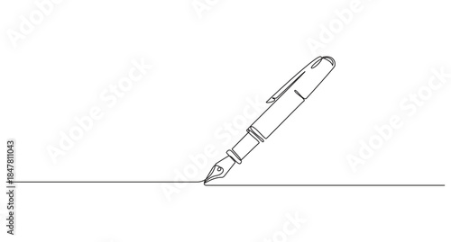 Pen Signature Continuous Line Icon,Continuous one line of fountain pen in silhouette on a white background,Continuous Line Drawing of a Fountain Pen Writing