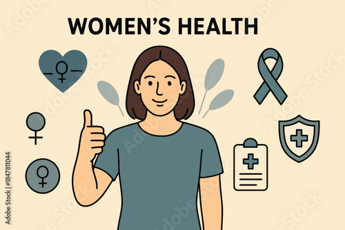 Woman Gives Thumbs Up for Women's Health with Medical Icons