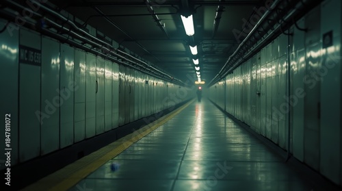 Empty subway corridor with glossy floor, metal walls and overhead lights fading into distant silhouette