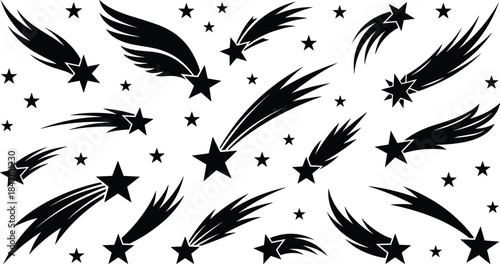 Falling Shooting Stars Silhouette Set with Comet Tails and Night Sky Elements Isolated on White Background Graphic Design Illustration