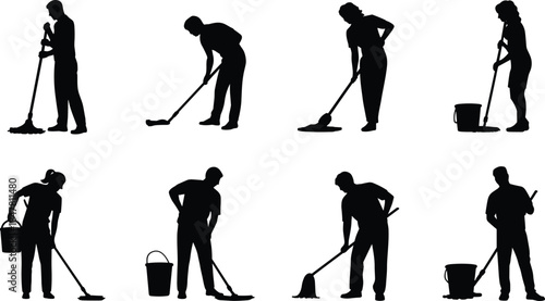 Floor cleaning silhouette set, mop action, bucket carry, black vector, manual cleaning, flat illustration, hygiene, chore, sanitation, work
