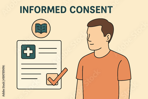 Man Reviews Medical Document with Checkmark for Informed Consent