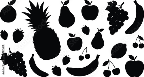 Fruit silhouette icon set featuring apple, banana, pineapple, grapes and berries, healthy food black vector illustrations isolated