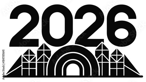 Modern cityscape with 2026 text and futuristic skyline design